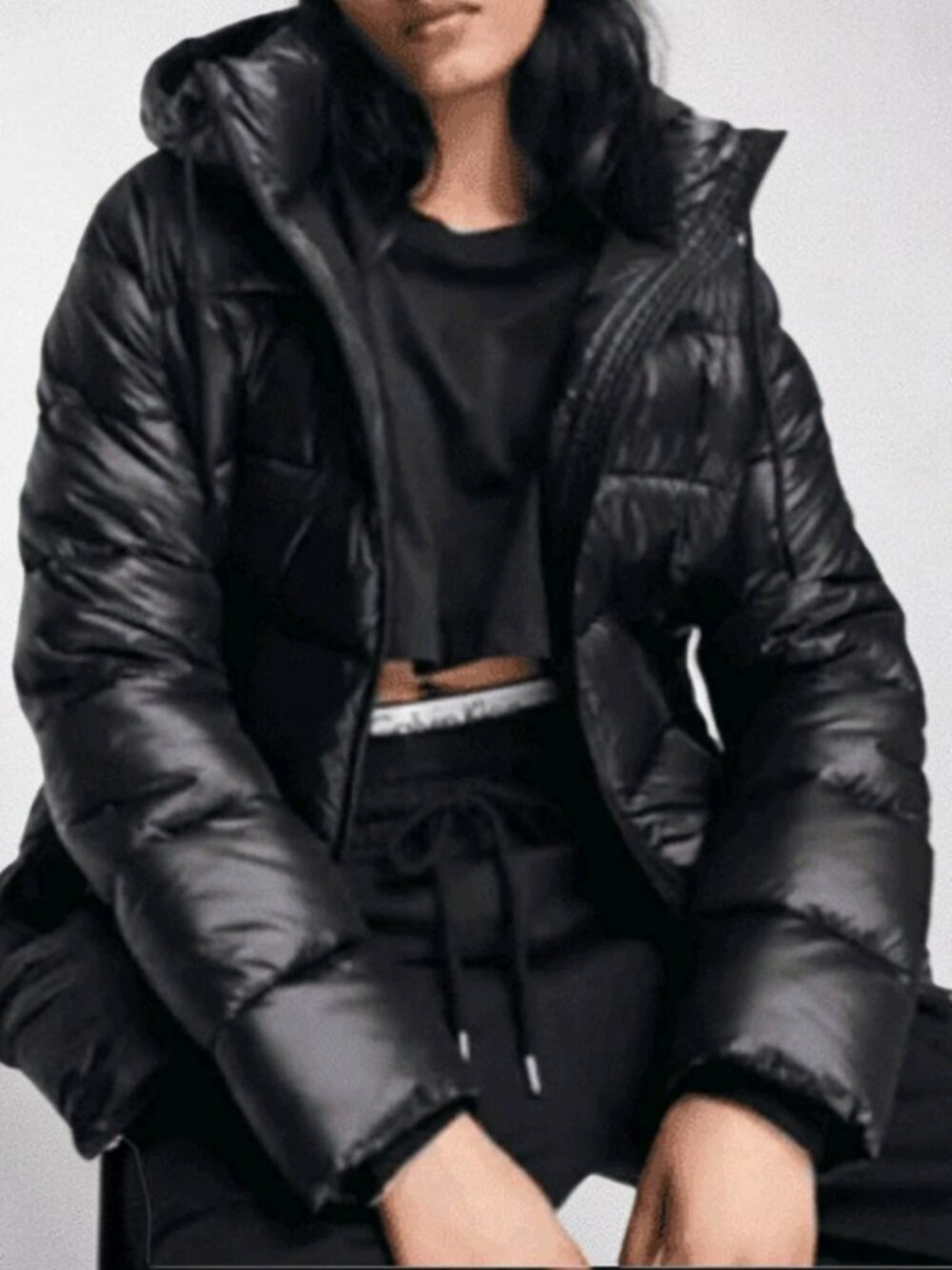 NWT TWO By V CAMUTO ( SM ) Black Glossy Look Puffer Hooded Jacket